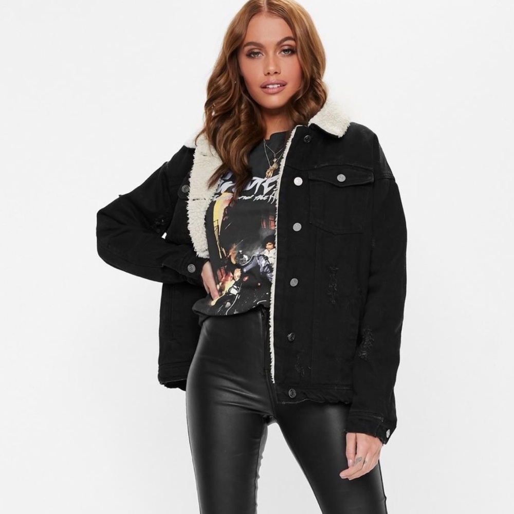 Missguided Oversized Black Borg Lined Denim Jacket